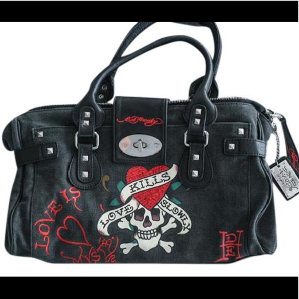 Love kills slowly ed hardy black bag